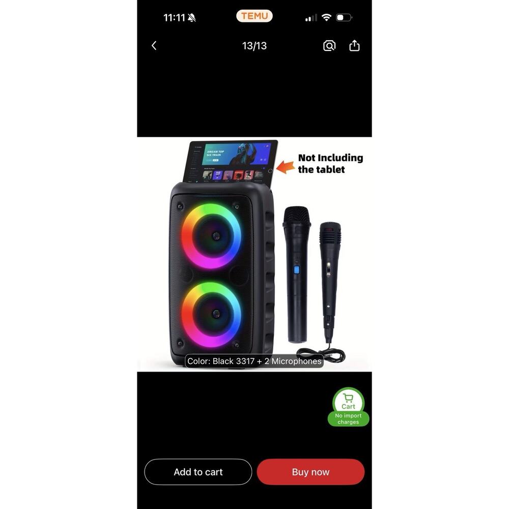 Portable Bluetooth Party Speaker Wireless Karaoke Machine w/ 2 Microphones LED